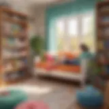 A cozy reading nook with colorful books and educational materials.