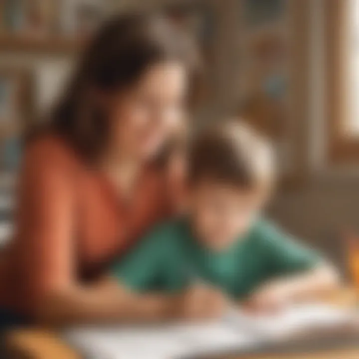 A parent and child engaged in a learning activity at home.