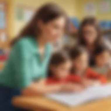 A classroom setting where a teacher is interacting with students.