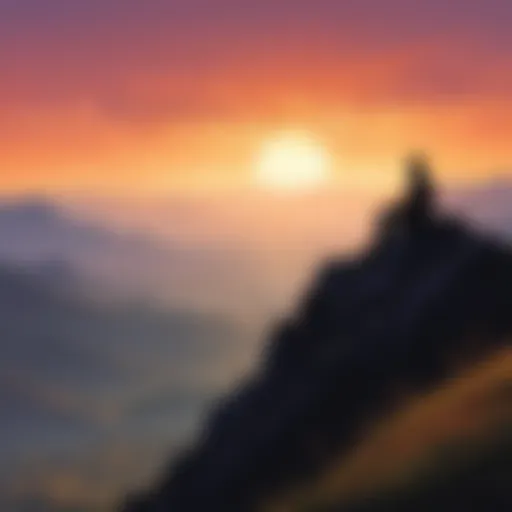 Silhouette of person sitting on a mountaintop at sunrise