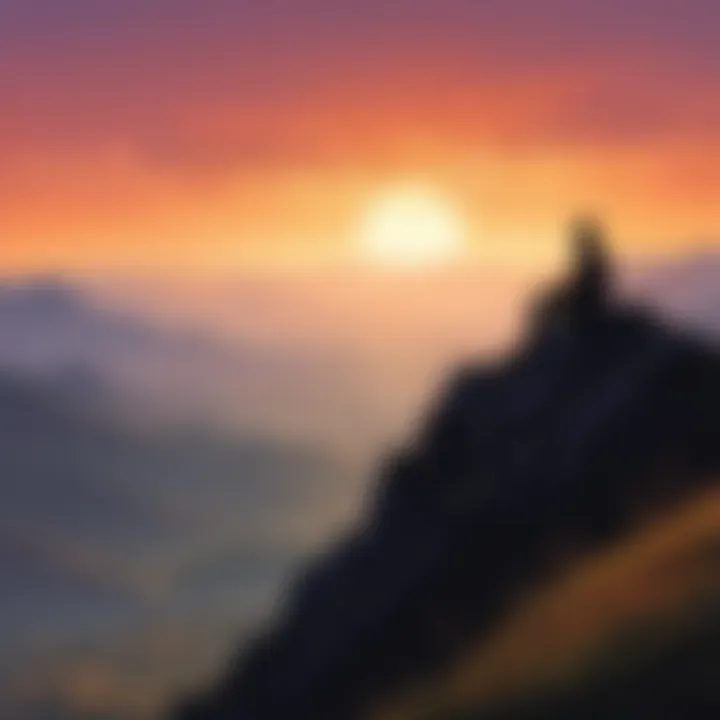 Silhouette of person sitting on a mountaintop at sunrise