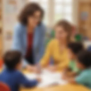 An educator guiding a small group of kindergarteners in a writing exercise.