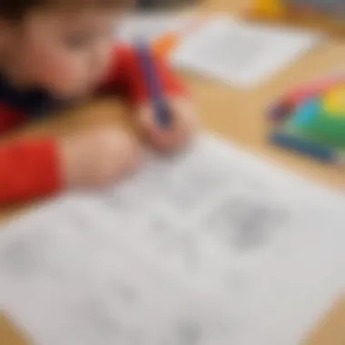 A close-up of a child’s detailed drawings and early writing samples on a table.