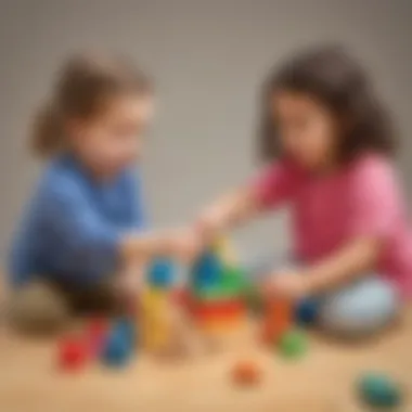 Preschooler collaborating on a teamwork math challenge with building blocks