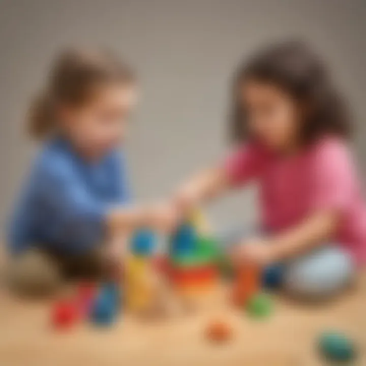 Preschooler collaborating on a teamwork math challenge with building blocks