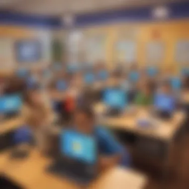 A vibrant classroom setting where students are engaged in learning through technology games.