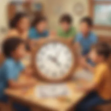Collaborative Learning through Play Group of kids engaged in a time-related classroom game
