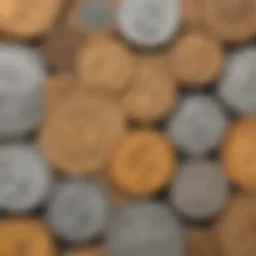 Close-up of various coins showcasing different designs and materials