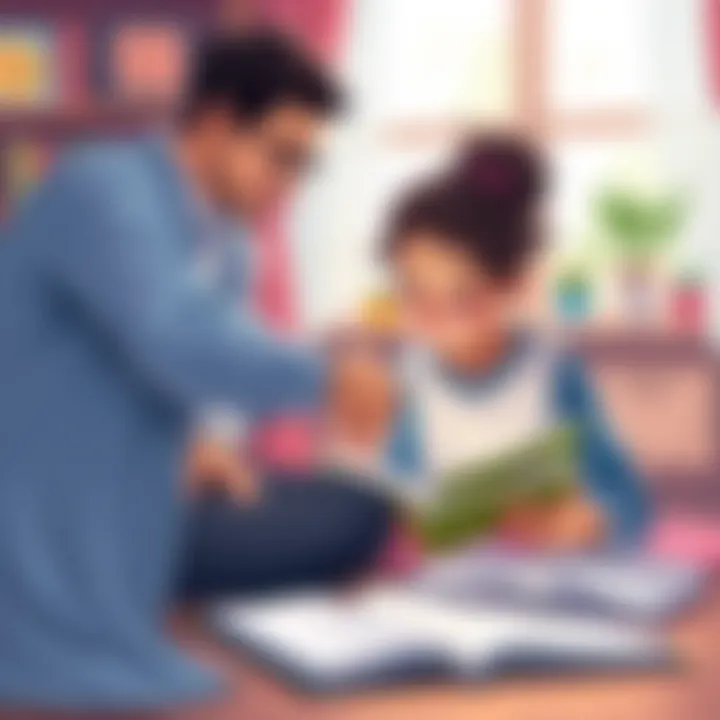 Supportive Learning Atmosphere A parent helping a child with English homework in a cozy setting.