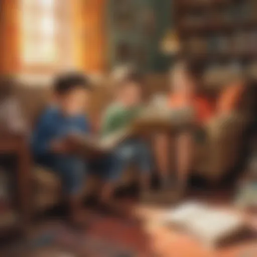 A colorful illustration of children reading together in a cozy setting.