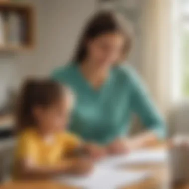 A parent assisting a child with math worksheets at home, creating a supportive learning environment.