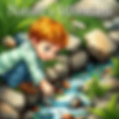 Nature's Wonders A curious child observing a small stream with colorful stones