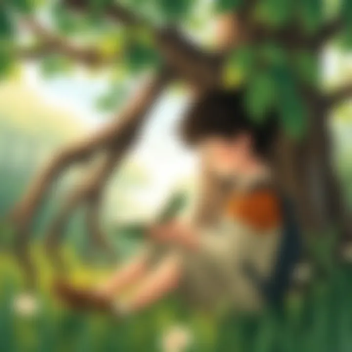 A young learner reading a book under a tree, surrounded by nature