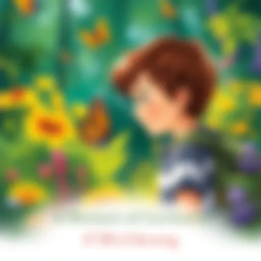 A young explorer gazing at a butterfly in a vibrant garden