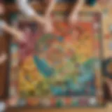 Colorful board game pieces laid out on a table with children engaging playfully.