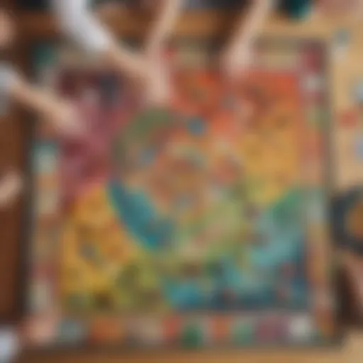 Colorful board game pieces laid out on a table with children engaging playfully.
