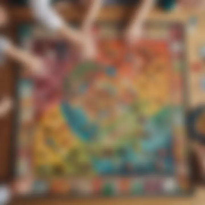 Colorful board game pieces laid out on a table with children engaging playfully.