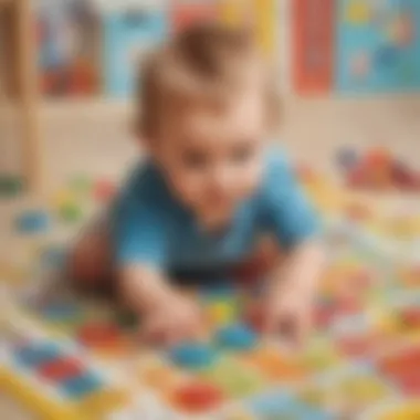 A toddler focused on matching colors and shapes in a board game.