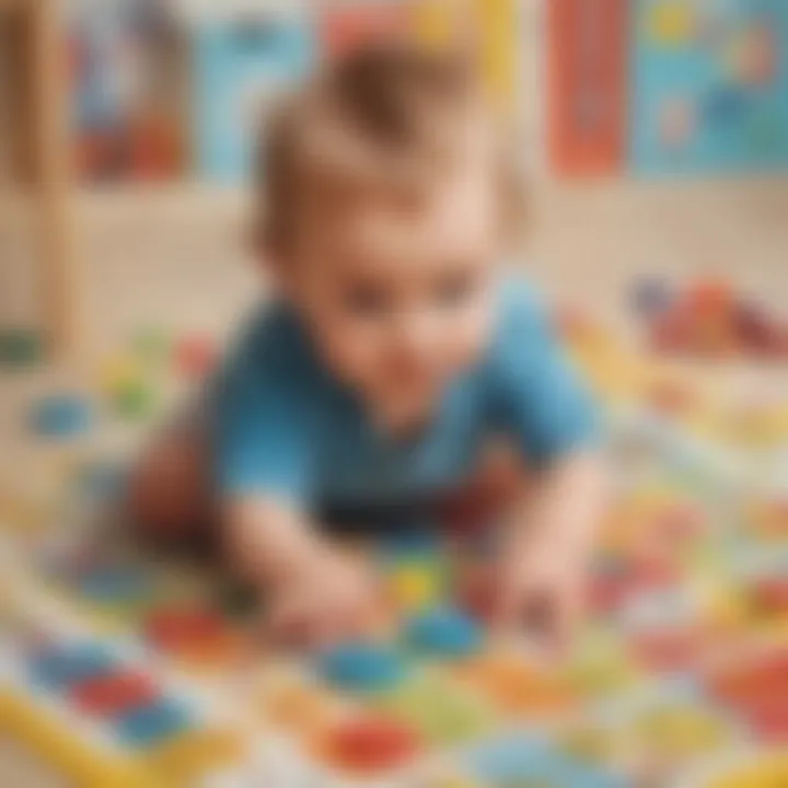 A toddler focused on matching colors and shapes in a board game.