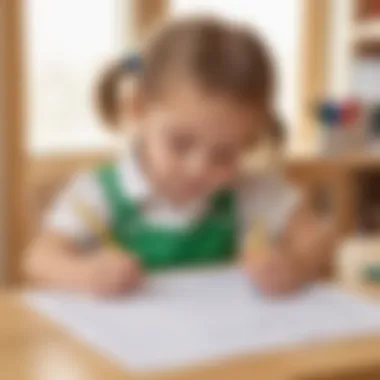 Child practicing writing sentences with a pencil on a tracing sheet.