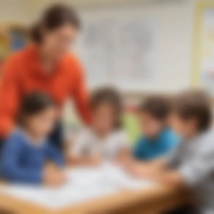 Teacher guiding a group of children using sentence tracing worksheets.