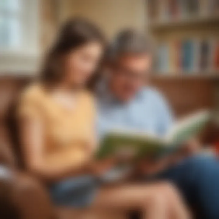 Parents reading with children at home, fostering literacy