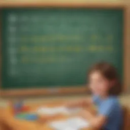 A colorful chalkboard with subtraction problems illustrated