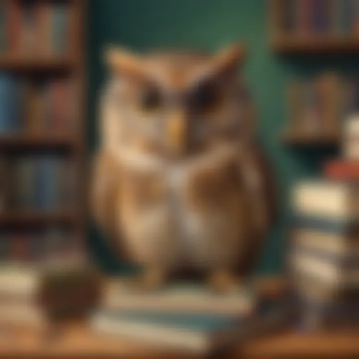 Whimsical illustration of a friendly owl wearing glasses surrounded by books