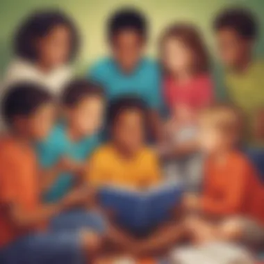 Illustration of a diverse group of children sharing and discussing ebooks