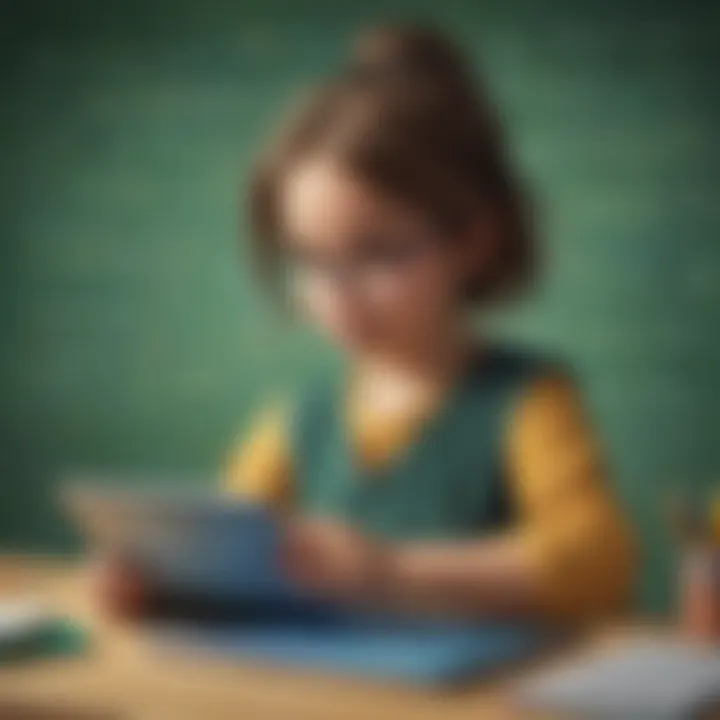 Illustration of a young child happily solving math problems on a digital tablet