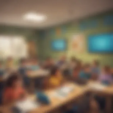 Immersive Math Learning Environment Illustration of a virtual math classroom setting with enthusiastic young learners