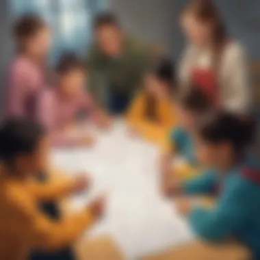 Collaborative Math Project for Elementary Students Illustration showing diverse group of elementary school children collaborating on a math project