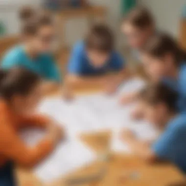 Teamwork in Math Learning Illustration of a group of elementary school children collaborating on a math project online