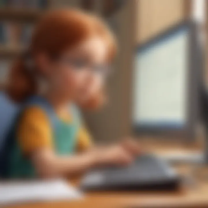 Illustration of a child happily solving math problems on a computer screen