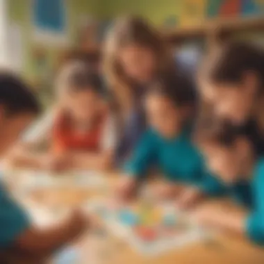 Collaborative Math Puzzles in Class A vibrant classroom scene with children solving math puzzles together