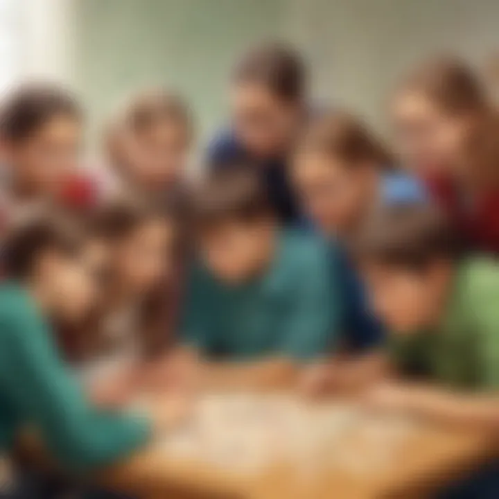 Illustration depicting a group of elementary school children collaborating on a math logic puzzle