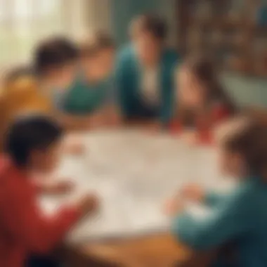Collaborative Conundrum Illustration showing a group of elementary school children brainstorming together on a riddle