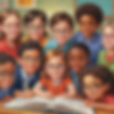 Illustration showcasing a diverse group of elementary school children learning sight words together