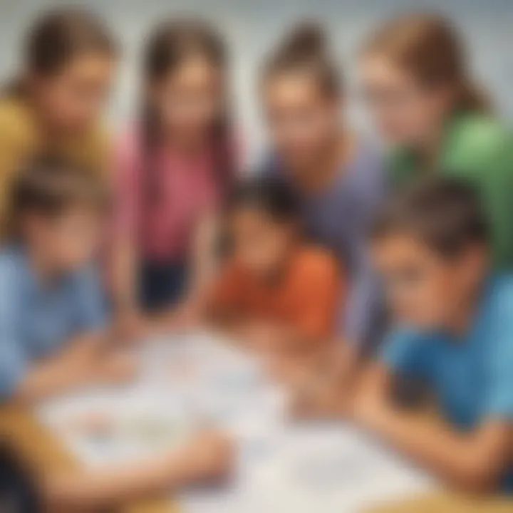 Illustration showcasing a diverse group of elementary school children collaborating on a measurement project