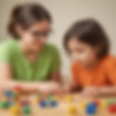 Collaborative Learning Through Word Problems A parent and child collaborating on a math word problem using colorful blocks.
