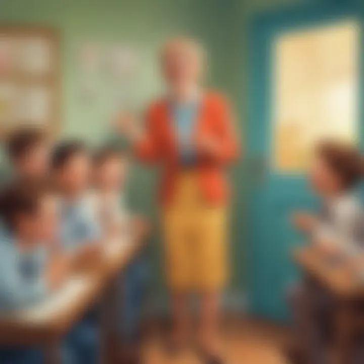 Vibrant illustration of a humorous teacher delivering a knock-knock joke to students