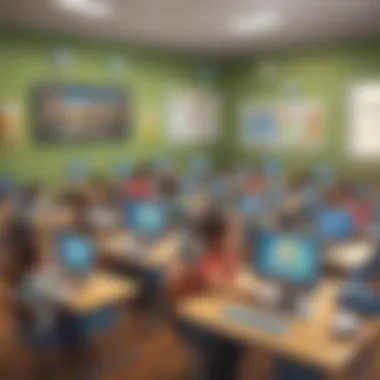 Digital Learning Environment Illustration depicting a virtual classroom with interactive educational games