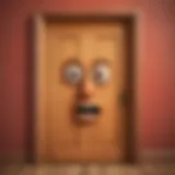 Illustration of a whimsical door with a face, symbolizing the element of surprise in knock-knock jokes