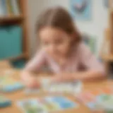 Young child engrossed in a vocabulary matching game